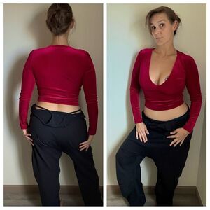 Urban Outfitters Deep V Velvet Top Magenta Pink Metallic Medium